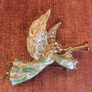 Vintage Angel with Trumpet rhinestone brooch
